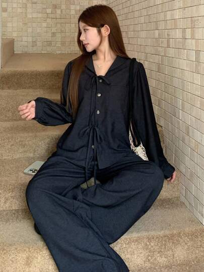 DAZY Conjunto de mezclilla holgado con tirantes de lazo estilo coreano para mujer, ropa de mujer para otoño