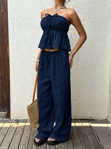 SHEIN EZwear Ensemble casual femme débardeur et pantalon en coton tressé bleu marine