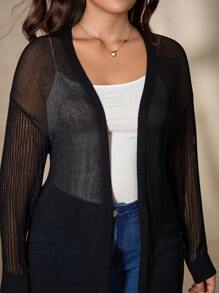 Chikora Plus Size Casual Solid Color Hollow Out Knit Sheer Cardigan Sheer Cardigan Women Sheer Outfits For Women Long Sheer Cardigan Black Sheer Cardigan Boho  Business Casual Woman Curve  Goth Winter Fall Autumn - Black - View 8