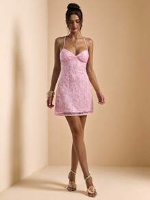 SHEIN BAE Vestido mini con tirantes con textura de lentejuelas de color rosa claro sólido para primavera y verano, vestido de playa, vestido con estampado floral con cuentas y lentejuelas, vestido rosa sin espalda - Rosa - Ver 7