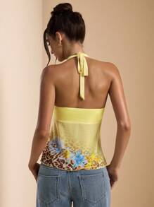 SHEIN BAE Áo crop top cổ yếm in hoa, họa tiết da báo, màu vàng trơn mùa xuân/hè, trang phục đi nghỉ, áo crop top màu vàng/hoa - Màu vàng - Xem 2