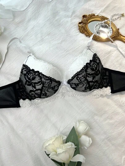 DelicateAllure Contrast Color Lace Patchwork Underwire Padded Butterfly Decor Women's Bra Lace Bras For Women Lace Push Up Bra Custom Lingerie Set Black And White Lace Bra  Cozy And Elegant Details