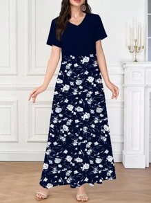 Seusyu Granatowa elegancka letnia dzianinowa sukienka z krótkim rękawem i dekoltem w serek, może być noszona jako odzież wierzchnia lub jako podkoszulek/sukienka do pracy, vintage delikatny wzór z drobnymi kwiatami, piękna i elegancka, odpowiednia na randki, wakacje, codzienne, codzienne, imprezy, festiwale, sukienki, letnia długa sukienka damska, zwiewna sukienka, sukienka w kwiaty, sukienka vintage/sukienka maxi w kwiaty, niebiesko-biała sukienka maxi w kwiaty, granatowa sukienka maxi, długa sukienka w kwiaty, niebieska sukienka maxi w kwiaty, damska sukienka maxi - Granatowy - Zobacz 1