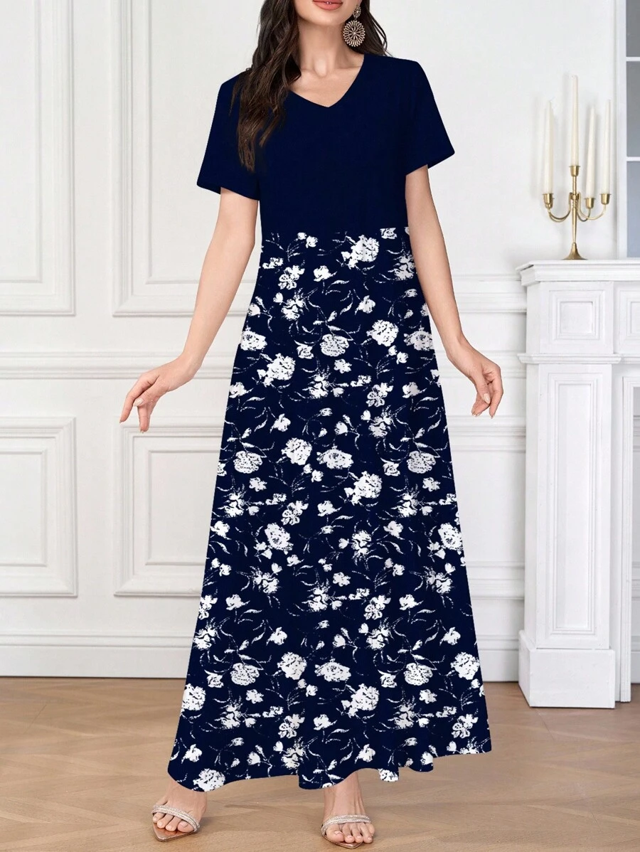 Seusyu Granatowa elegancka letnia dzianinowa sukienka z krótkim rękawem i dekoltem w serek, może być noszona jako odzież wierzchnia lub jako podkoszulek/sukienka do pracy, vintage delikatny wzór z drobnymi kwiatami, piękna i elegancka, odpowiednia na randki, wakacje, codzienne, codzienne, imprezy, festiwale, sukienki, letnia długa sukienka damska, zwiewna sukienka, sukienka w kwiaty, sukienka vintage/sukienka maxi w kwiaty, niebiesko-biała sukienka maxi w kwiaty, granatowa sukienka maxi, długa sukienka w kwiaty, niebieska sukienka maxi w kwiaty, damska sukienka maxi - Granatowy - Zobacz 1