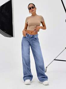 EURMUSE 100% Cotton LOW RISE WIDELEG CUT VINTAGE WASH Y2K BAGGY JEANS - Royal Blue - View 5