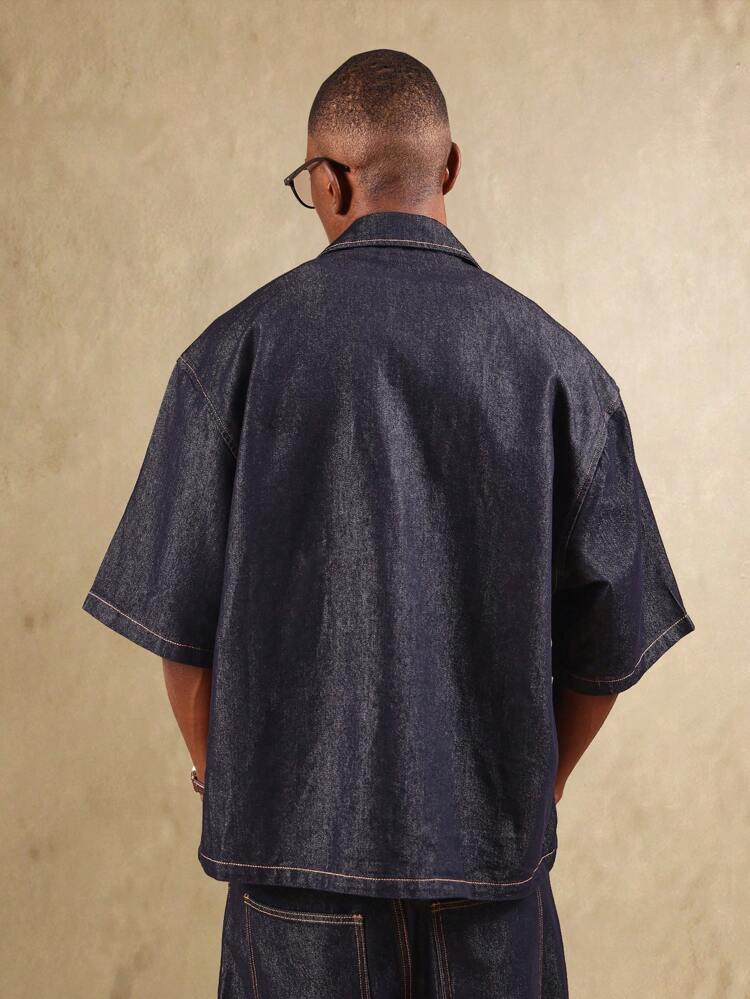 Oversized Denim Shirt With Logo Print And Contrast Stitching