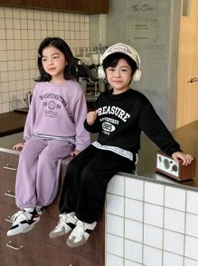 Genkimix Kids 两件套男童针织印花卫衣和裤子套装，韩版风格 - 寶藍色 - 查看 1