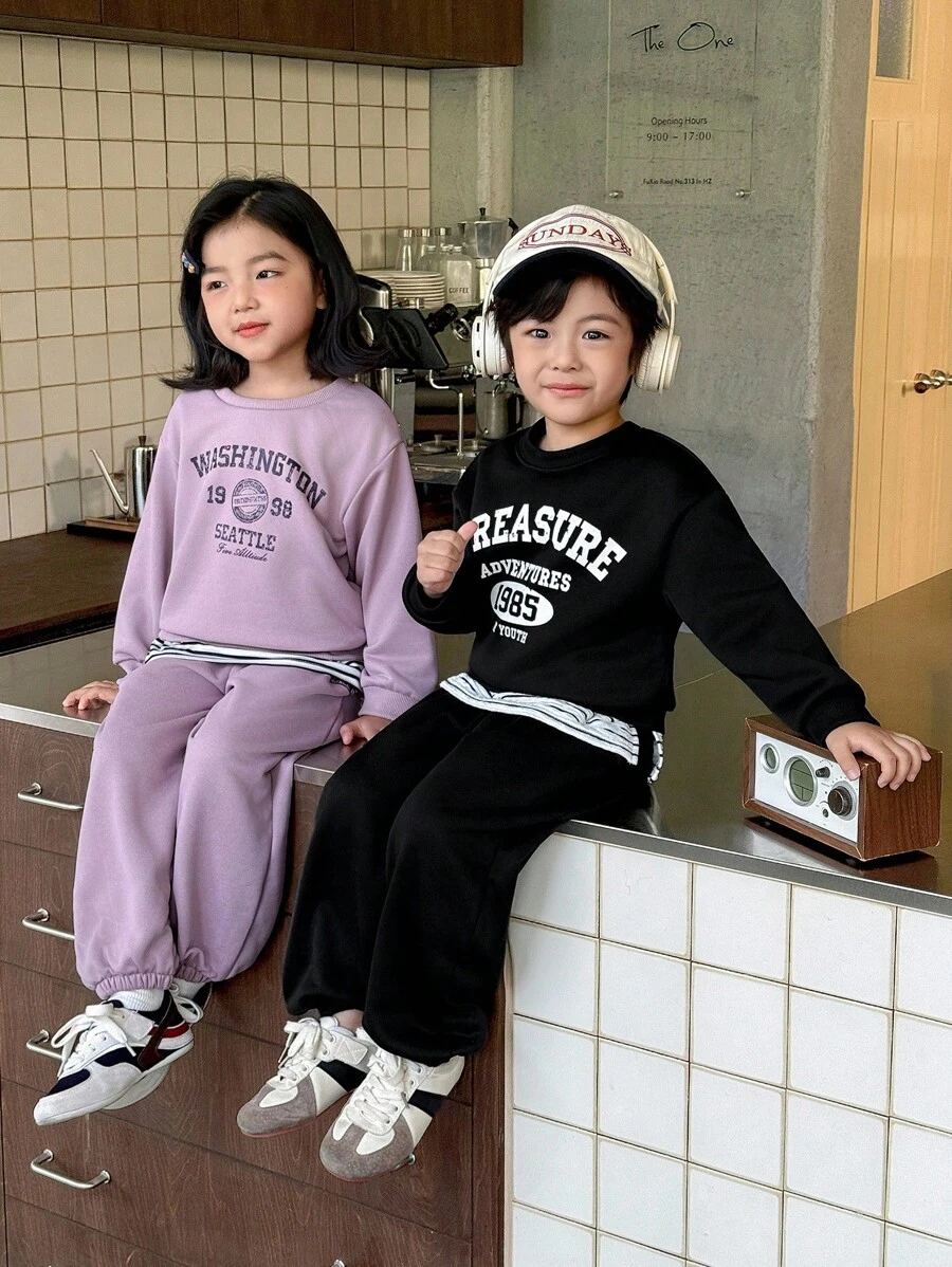 Genkimix Kids 两件套男童针织印花卫衣和裤子套装,韩版风格 - 寶藍色 - 查看 1