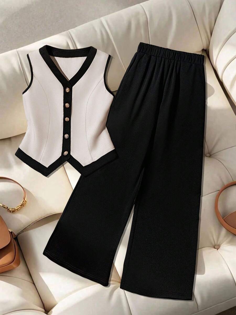 Franclia Women's Contrast Color Professional Suit, New Summer Office Commuter High-End Slim Fit Blazer Suit Set, 2 Pieces Women Two Piece Pant Set Wide Leg Pants Set Casual Outfits Spring Clothes For University - Multicolor - View 1