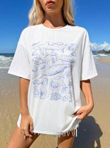 SHEIN EZwear 女士休闲圆领短袖海洋动物印花超大T恤，适合夏季 - 白色 - 查看 7