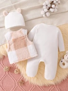 3pcs Newborn Baby Pink & White Bear Pattern Long Sleeve Romper, Vest & Hat Set, Home Outfit Fall Winter - Khaki - View 2