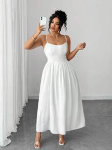 Elenzga Váy liền thân màu trơn cỡ lớn, thanh lịch, cổ điển, lãng mạn - trắng - Xem 6