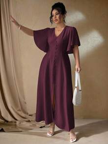 Roveilla Đầm Maxi Tay Loe Cổ Chữ V Đính Nút Phong Cách Bohemian Cỡ Lớn Cho Nữ, Thanh Lịch Khi Đi Làm, Thường Ngày, Ngày Lễ, Trà Chiều - Màu Tím - Xem 3