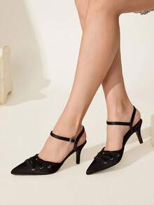 CUCCOO CHICEST Women's Pointed Toe Low Heel New Style Imitation Pearl Flower Decor Closed Toe High Heel Pumps - Black - View 2
