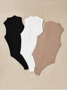 SHEIN EZwear 3 件套女士黑色、白色、棕色高领紧身衣，休闲紧身衣，适合夏季