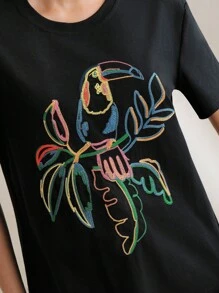 Anewsta 优雅鸟刺绣圆领 T 恤，图案 T 恤适合春夏季度假