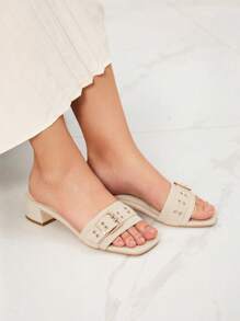 Rosivie Giày sandal gót vuông dày cho nữ có khóa trang trí - Màu be - Xem 6