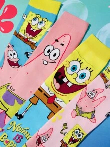 SpongeBob SquarePants | SHEIN 4 双柔软透气吸湿排汗休闲女士中筒袜，时尚可爱的粉色和蓝色中筒袜，加固的脚趾和脚跟，经久耐用，适合所有季节，夏季和冬季 - 彩色 - 查看 5