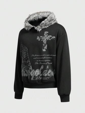 Goth Men's Autumn/Winter Casual Fashion Street Hooded Sweatshirt With Cross And Slogan Print Patchwork