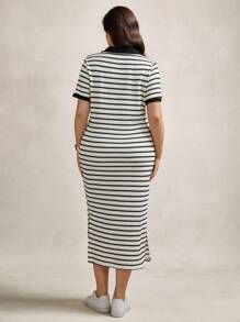 Zelara 大码女式 V 领 Polo 领针织半透明紧身海滩长裙，女士夏季连衣裙，女士教师装，女士夏季装夏季波西米亚风复古款 - 黑與白 - 查看 6