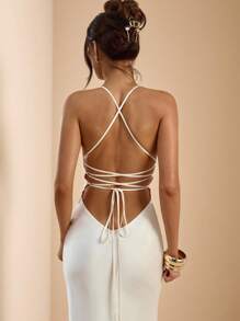 SHEIN BAE 杏色/白色深 V 领细肩带露背系带长款缎面美人鱼连衣裙，适合节日、婚礼、生日、毕业季穿着的优雅连衣裙 - 杏色 - 查看 10