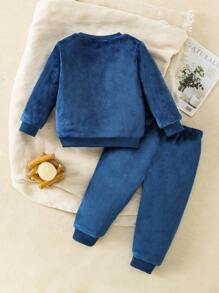 SHEIN Playful Pals Baby Boy Cute Cartoon Bear Pattern Fleece Crew Neck Sweatshirt And Pants Casual Outfit Fall Winter - Royal Blue - View 2