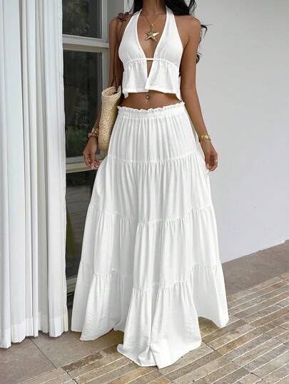 Sunnyshic Yellow Linen Deep V-Neck Halter Backless Pleated Tank Top And Low Waist Multi-Layer Ruffle Hem Maxi Skirt 2 Pieces Set, Elegant Sexy For Vacation, Beach, Party, Daily, Date, Minimalist Design For Women Summer