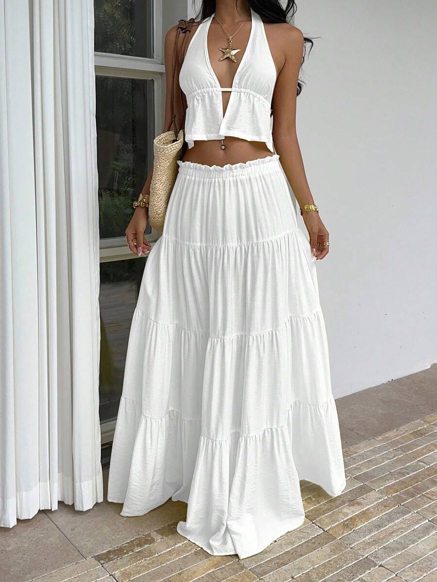Sunnyshic Bộ 2 món áo hai dây hở lưng xếp ly cổ chữ V sâu bằng vải lanh vàng và chân váy maxi nhiều lớp nhún bèo cạp trễ, thanh lịch, gợi cảm cho kỳ nghỉ, bãi biển, tiệc tùng, hàng ngày, hẹn hò, thiết kế tối giản cho phụ nữ mùa hè - trắng - Xem 1