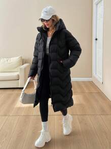 EURMUSE Women Solid Color Zipper And Pocket Detailed Winter Coats - Black - View 1