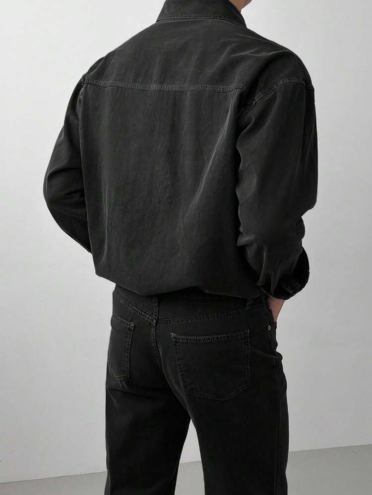 Men's Solid Black Denim Shirt Set, Autumn