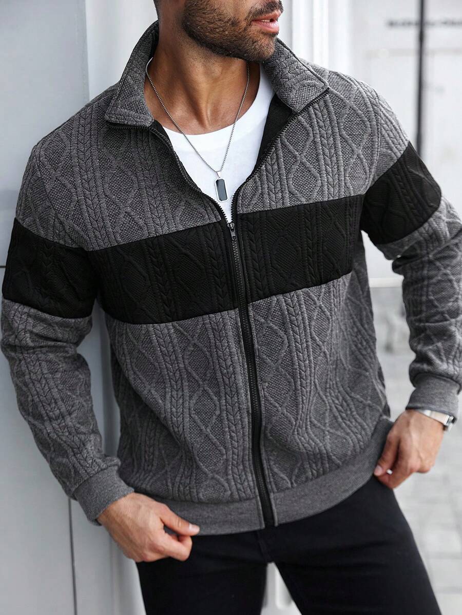 Manfinity Homme Plus Size Men's Casual Everyday Contrast Texture Zip-Up Stand Collar Sweatshirt , Fall, Long Sleeve Top - Multicolor - View 1