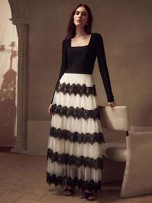 MOTF PREMIUM CONTRAST LACE COLORBLOCK DRESS - Black and White - View 6