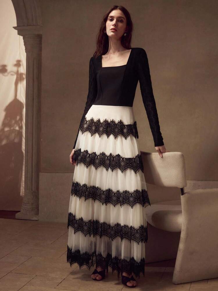 CONTRAST LACE COLORBLOCK DRESS