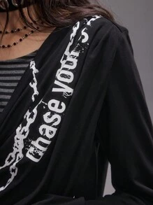 ROMWE EDITION Collegiate Skull Chain Letter 2 In 1 Layered Draped Neck Striped Women Long Sleeve Knit Sweater - Multicolor - View 2