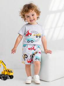 SHEIN Baby Boys' Cute Cartoon Car Print Bodysuit And Shorts Set, Spring/Summer Baby Boy Construction Vehicle Clothes Baby Car Clothes Baby Boy Summer Set Baby Boy Car Print Bodysuit - Multicolor - View 3