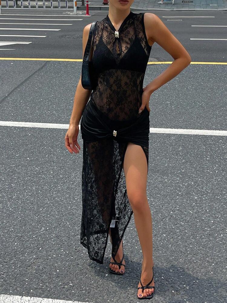 Bestselling Sexy Lace Hollow-Out High Slit Fitted Sleeveless Cheongsam Dress
