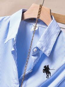 1pc Girls' Turndown Collar Long Sleeve Button-Up Striped Shirt With Embroidered Front Graphic, Casual Blouse For Autumn Fall Winter