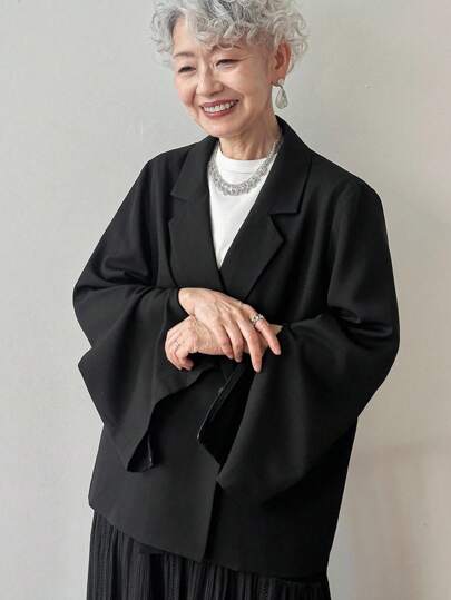 FRIFUL 女式纯黑色休闲宽松夹克，袖口开衩，百搭