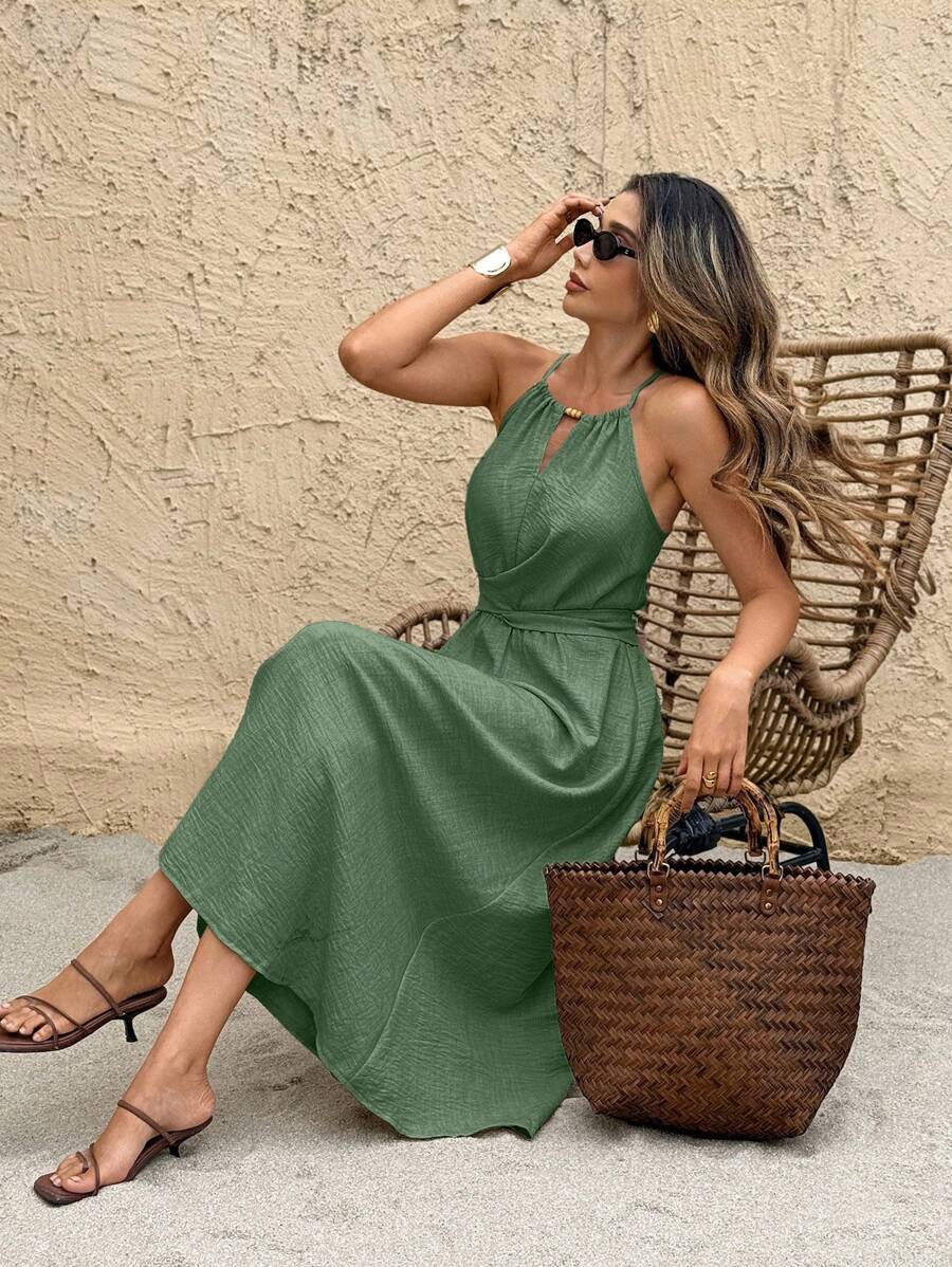SHEIN Frenchy 女式休闲简约锁孔领纹理度假连衣裙，夏季 - 綠色 - 查看 1