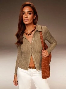 Athîral Women's Casual Solid Color Textured Front Button Fitted Long Sleeve Top - Multicolor - View 3