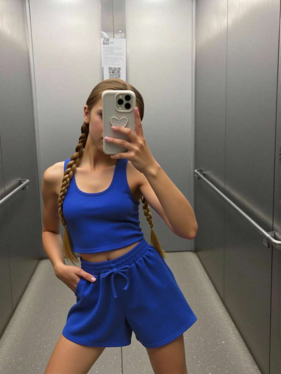 SHEIN 青少年女孩實色背心和束腰短褲 - 藍色 - 查看 1