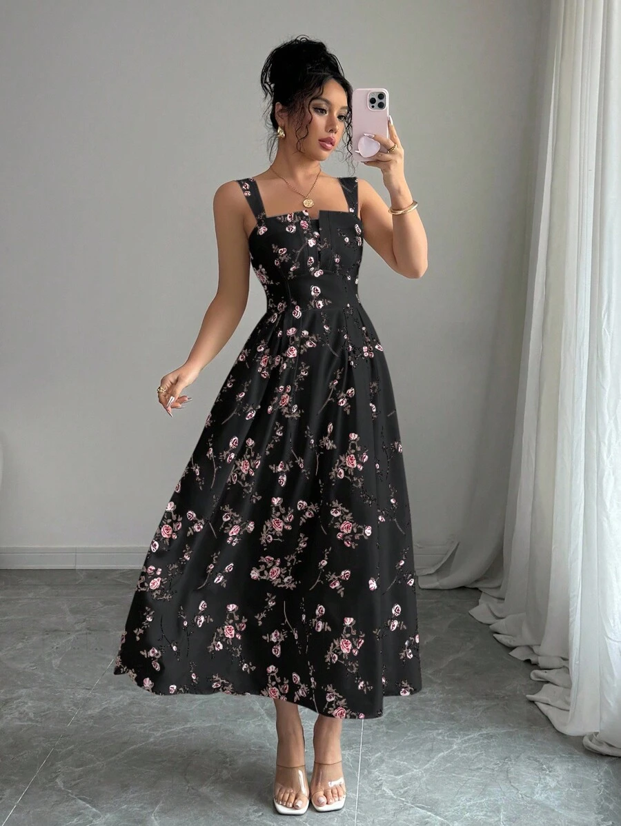 Elenzga 春夏季女士最新花卉优雅腰部褶皱长裙 - 黑色 - 查看 1