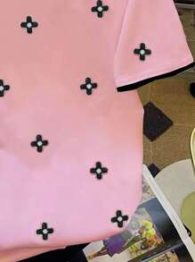 INAWLY Women's Flower Print Round Neck Short Sleeve T-Shirt, Summer - Pink - View 7