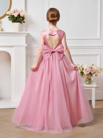 Tween Girl Elegant Pink Mesh Heart Hollow Sleeveless Long Dress Gown Girls Pink Long Dress With Bow Flower Girl Dress Junior Bridesmaid Dress Girls Elegant Dress Pink Girls Maxi Dress