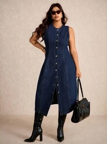 Elaquor 加大码深蓝色牛仔连衣裙无袖背心长裙金属纽扣装饰复古风格商务休闲装女装 - 深色水洗藍 - 查看 5