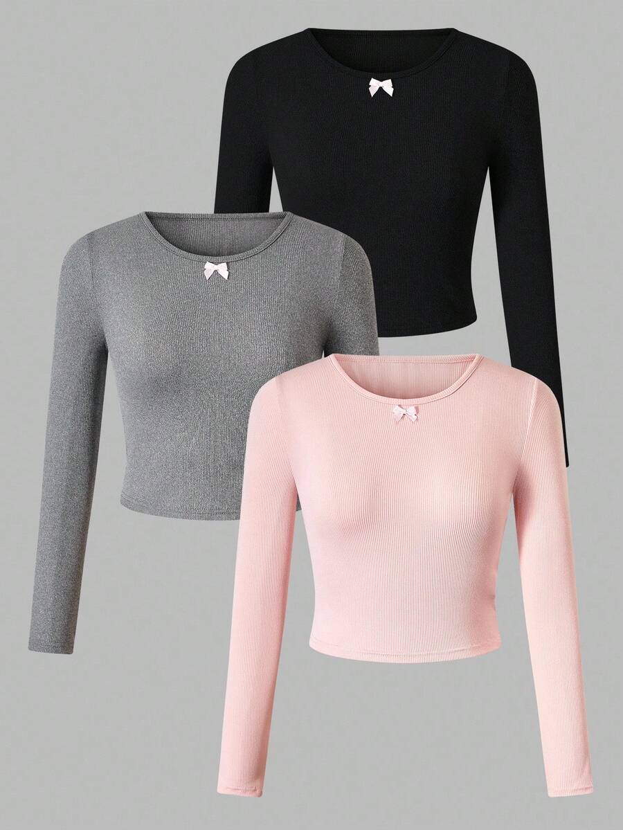 SHEIN 3pcs/Set Tween Girls Casual All-Match Versatile Bow Crew Neck Short Fitted Ribbed Undershirt, Autumn/Winter - Multicolor - View 1