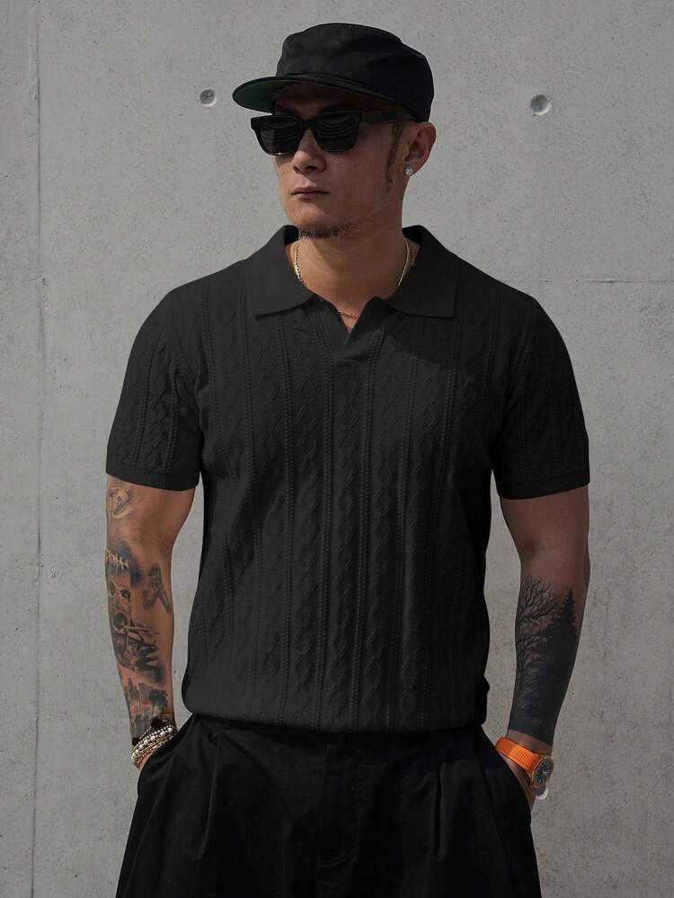 Men's Polo Collar Textured Jacquard Knit Top, Spring/Summer