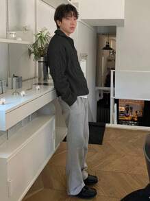 DAZY 男士纯色纹理针织半拉链毛衣，秋季 - 黑色 - 查看 4