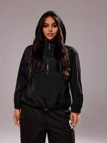 Rustia Plus Size Solid Color Waterproof Hooded Long Sleeve Jacket Fall Winter Cloth For Women Autumn CASUAL - Black - View 7