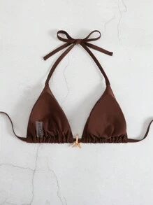 Swim Basics Plus Size Women's Solid Color Halter Bikini Top, Summer - Coffee Brown - View 2